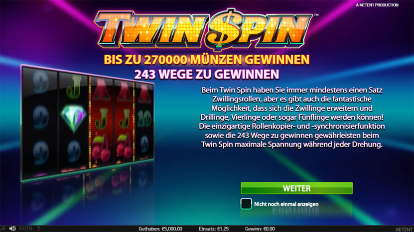 Twin Spin Spielautomat mit 243 Wegen zu gewinnen