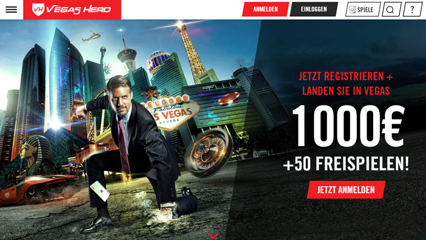 Vegas Hero > 1000€ Bonus plus 50 Freispiele bei VegasHero
