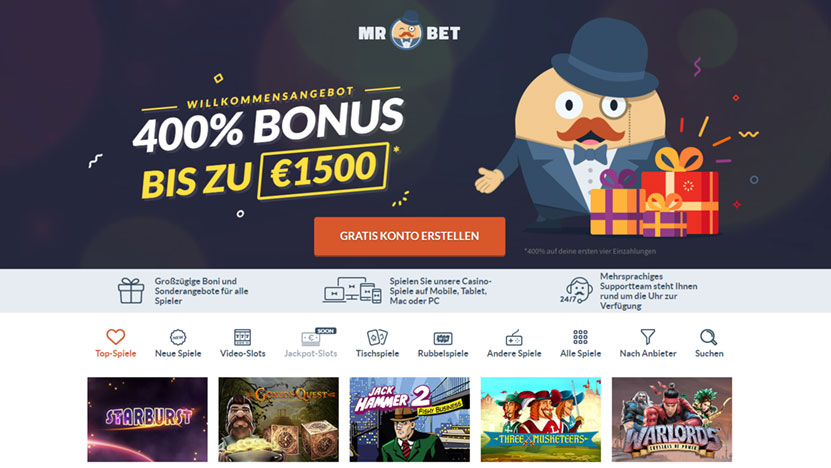 Mr Bet > Bis 2.500 Euro plus 500 Freispiele bei MrBet