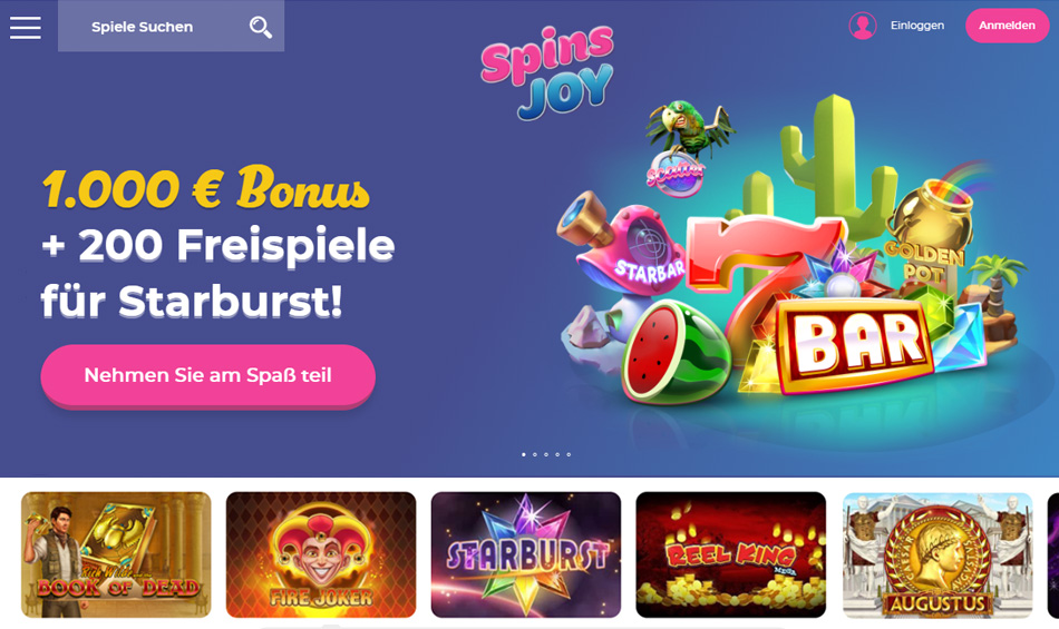 Spins-Joy > Mit €1000 Bonus plus 200 Freispiele für Starburst